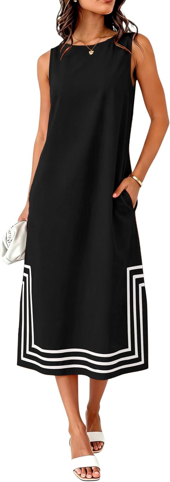 Womens Boho Linen Maxi Dress Sleeveless Split Sundress Color Block A-Line Coverups Beach Vacation... | Amazon (US)