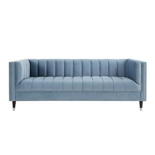 Nicole Miller Joan 34 in. Slate Blue/Chrome Velvet 3-Seater Tuxedo Sofa with Nailheads NSA102-02G... | The Home Depot