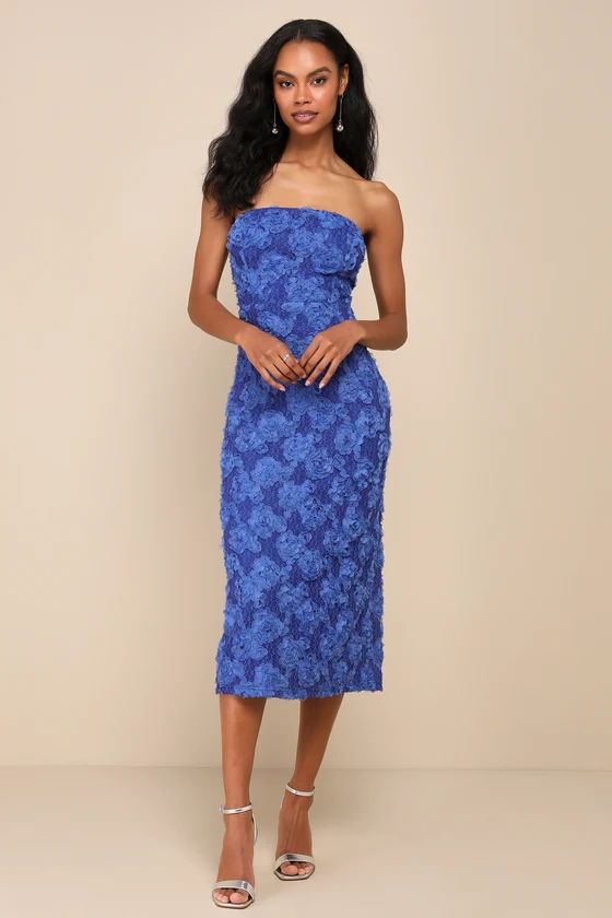 Flawless Perfection Blue 3D Floral Applique Strapless Midi Dress | Lulus