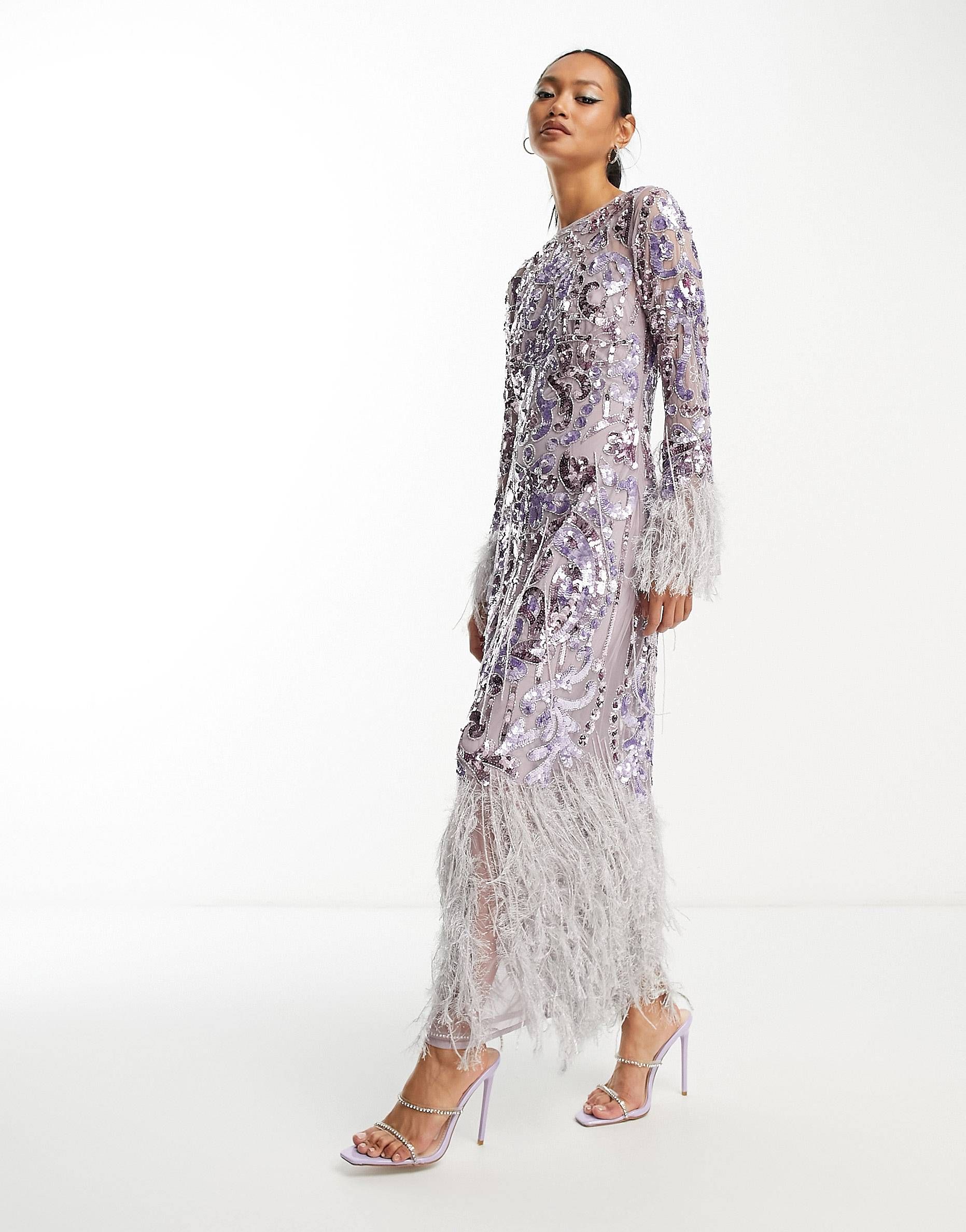 ASOS EDITION sequin and faux feather fringe midi dress in lilac | ASOS (Global)
