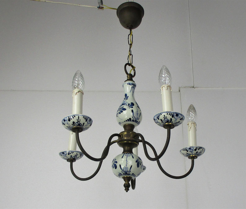Delft Blue White Porcelain Ornate Brass Chandelier 5 Arm 5 Lights Barn Country | Etsy (Global)