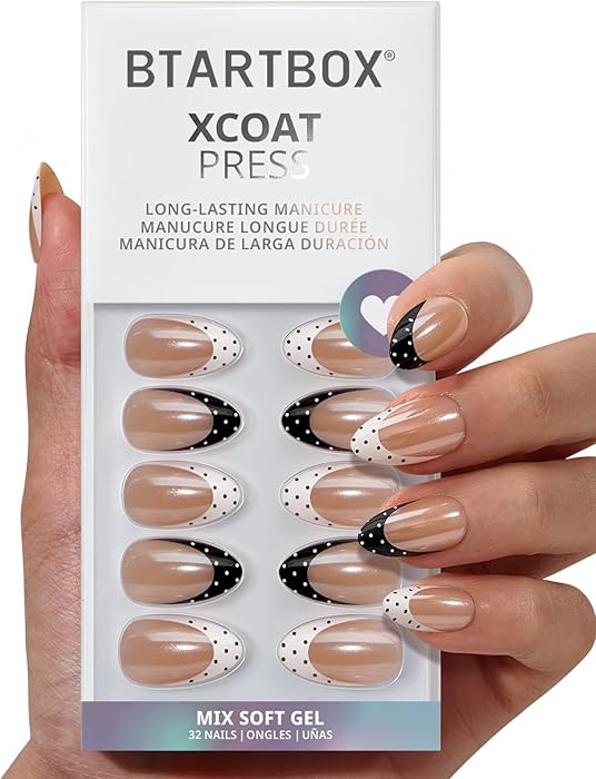 BTArtbox Press On Nails Short - Kismet Duo, Lamp-Curable Polka Dot Chrome French Tip Almond Press... | Amazon (US)