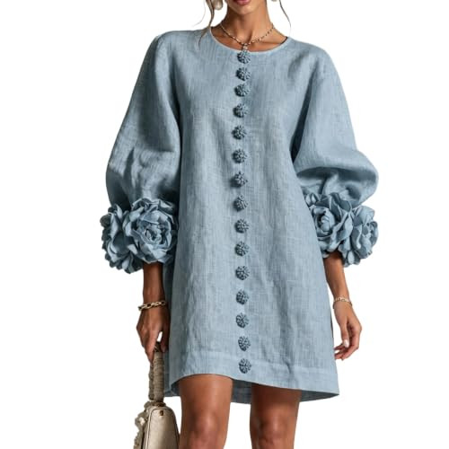 Fall Dresses for Women Going Out Dress Classy Women Fall Cotton Linen Mini Dress Round Neck Long Balloon Sleeve 3D Floral Cuff Button Front Loose Elegant Party Travel Outfits (Sky Blue,XL) | Amazon (US)