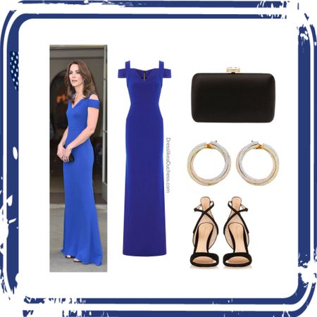 Kate Middleton Roland Mouret dress, Cartier Trinity Earrings, Prada clutch, Rossi heels 