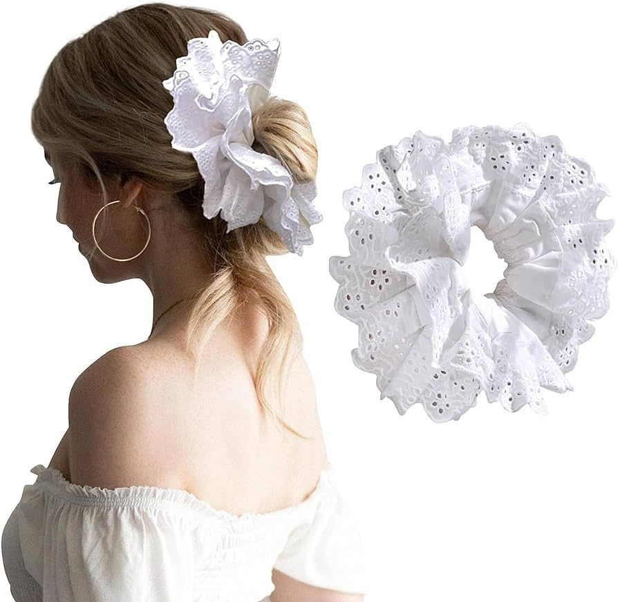 White Lace Scrunchies - Large Hair Scrunchies for Women, Bobbles Elastic Hair Bands Hair Ties Ropes, | Amazon (UK)