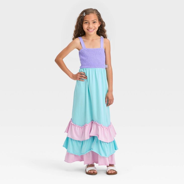 Girls' Disney The Little Mermaid Ariel Ruffle Maxi Dress - Turquoise Blue | Target