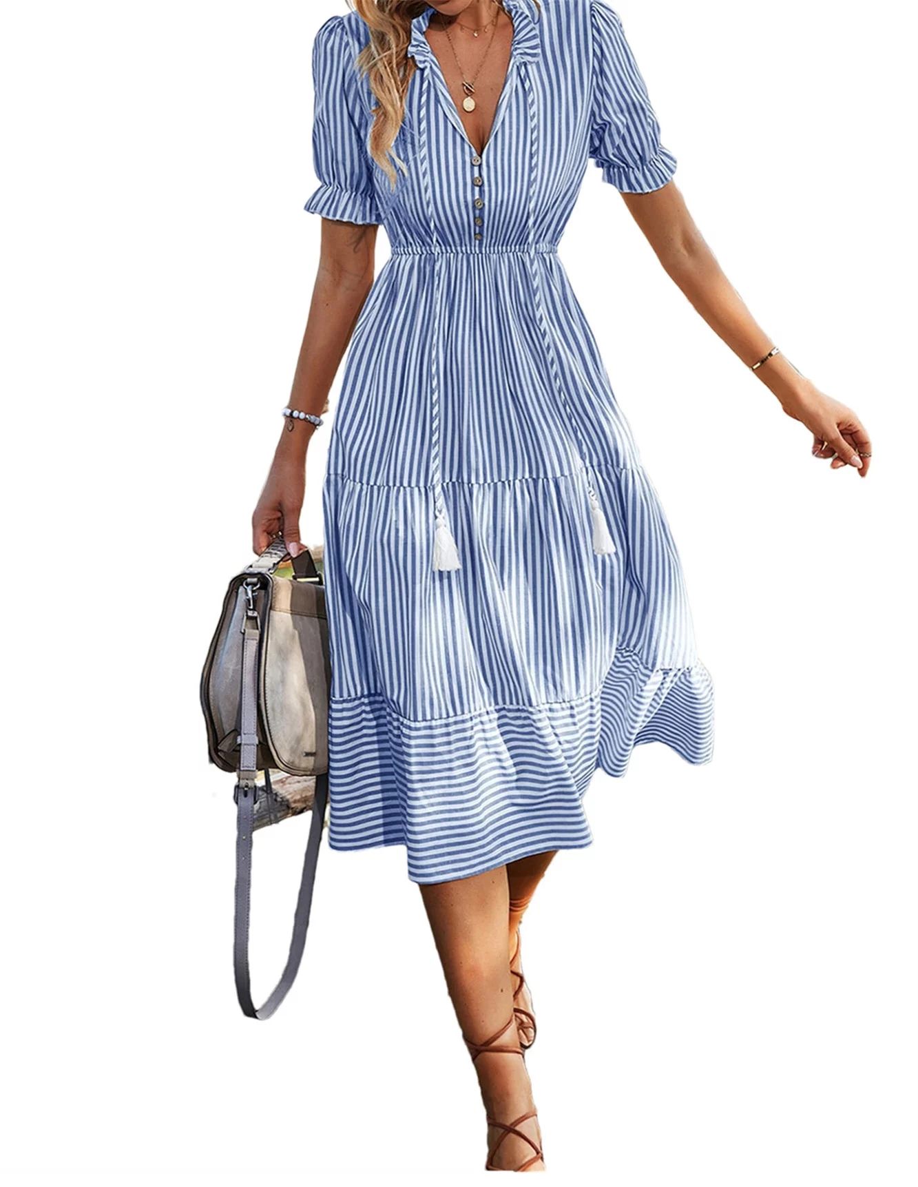 Women's Elegant Blue and White Casual Vertical Striped Flounce Short Sleeve Tassel Tie Neck Ruffl... | Walmart (US)
