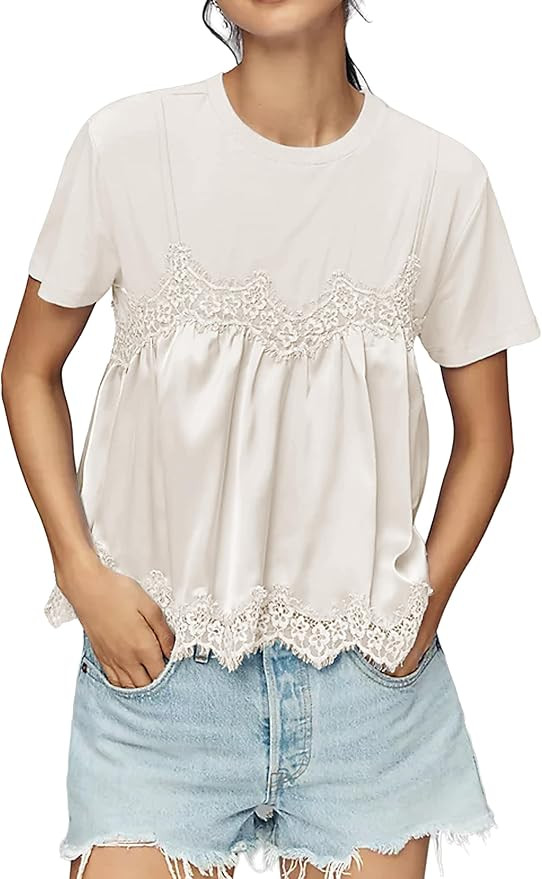 Lace Tops for Women Crew Neck Short Sleeve Blouse Ruffled Flowy Hem T-Shirts 2 in 1 Tank Blouse S... | Amazon (US)