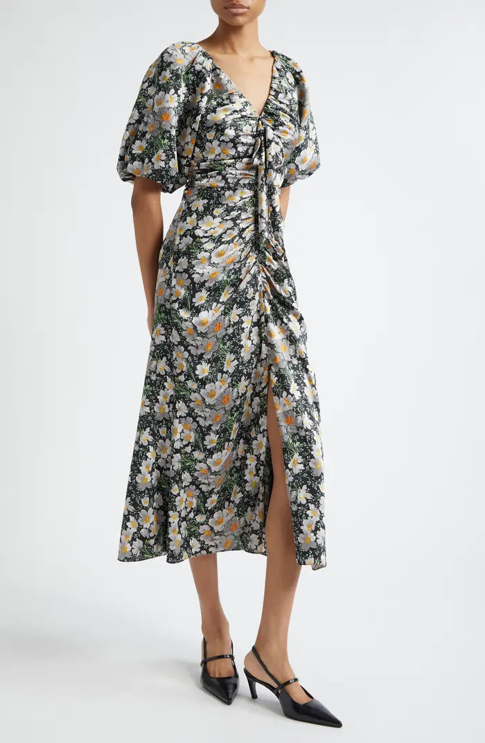 Brenton Cosmo Flower Puff Sleeve Ruched Midi Dress | Nordstrom Rack