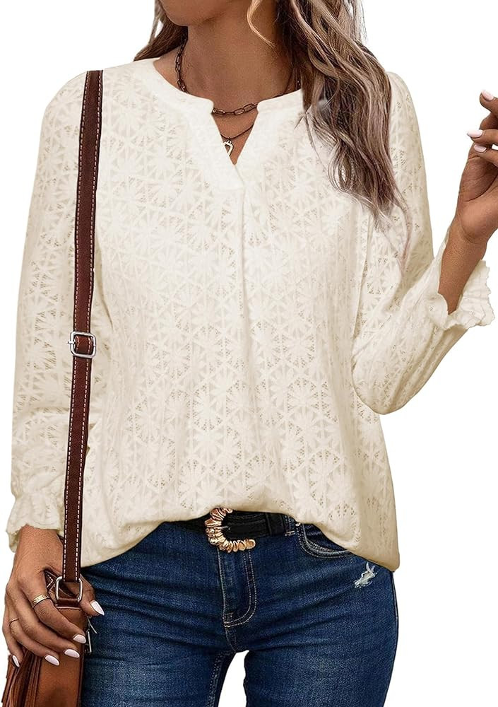 Simplee Womens Eyelet Dressy Blouses Tops Lace Casual Long Sleeve Hollow Out V Neck Fall Spring B... | Amazon (US)