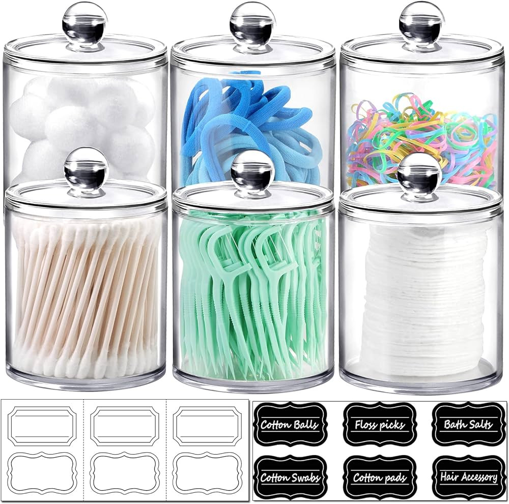 6 Pack of 12 Oz. Qtip Dispenser Apothecary Jars Bathroom with Labels - Holder Storage Canister Cl... | Amazon (US)