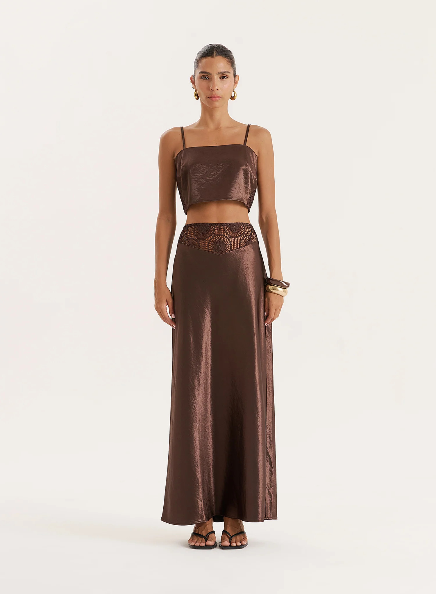 Chocolate Satin Crochet Panelled Maxi Skirt- Samira | 4th & Reckless