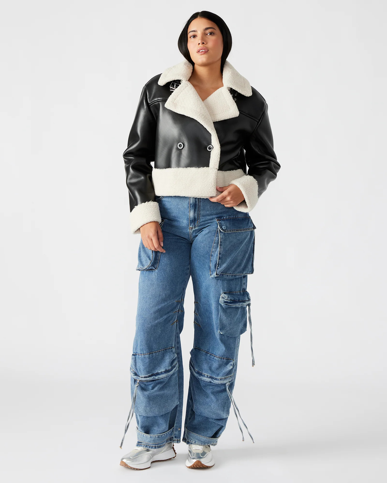 ATHEN Black Women's Faux Leather Shearling Trim Jacket | Steve Madden (US)