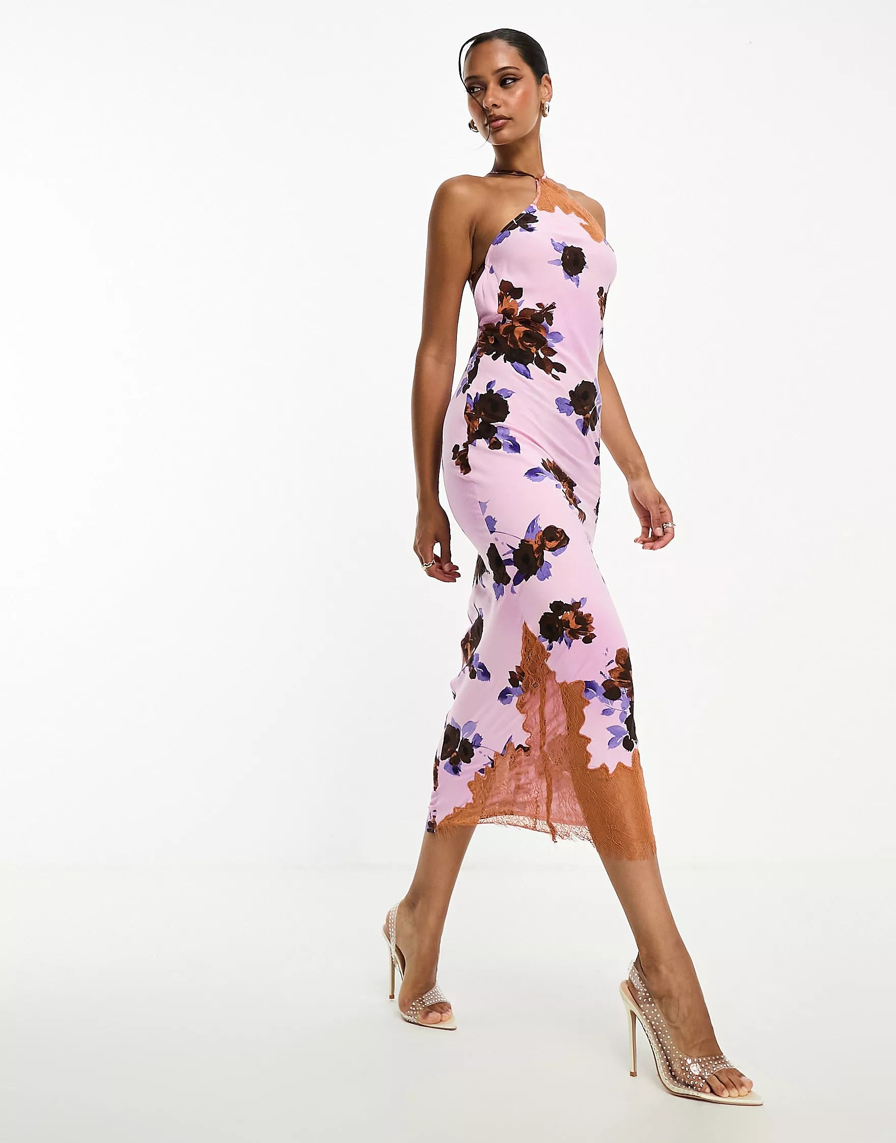 ASOS DESIGN one shoulder strappy midi dress with lace trim in spaced floral | ASOS (Global)