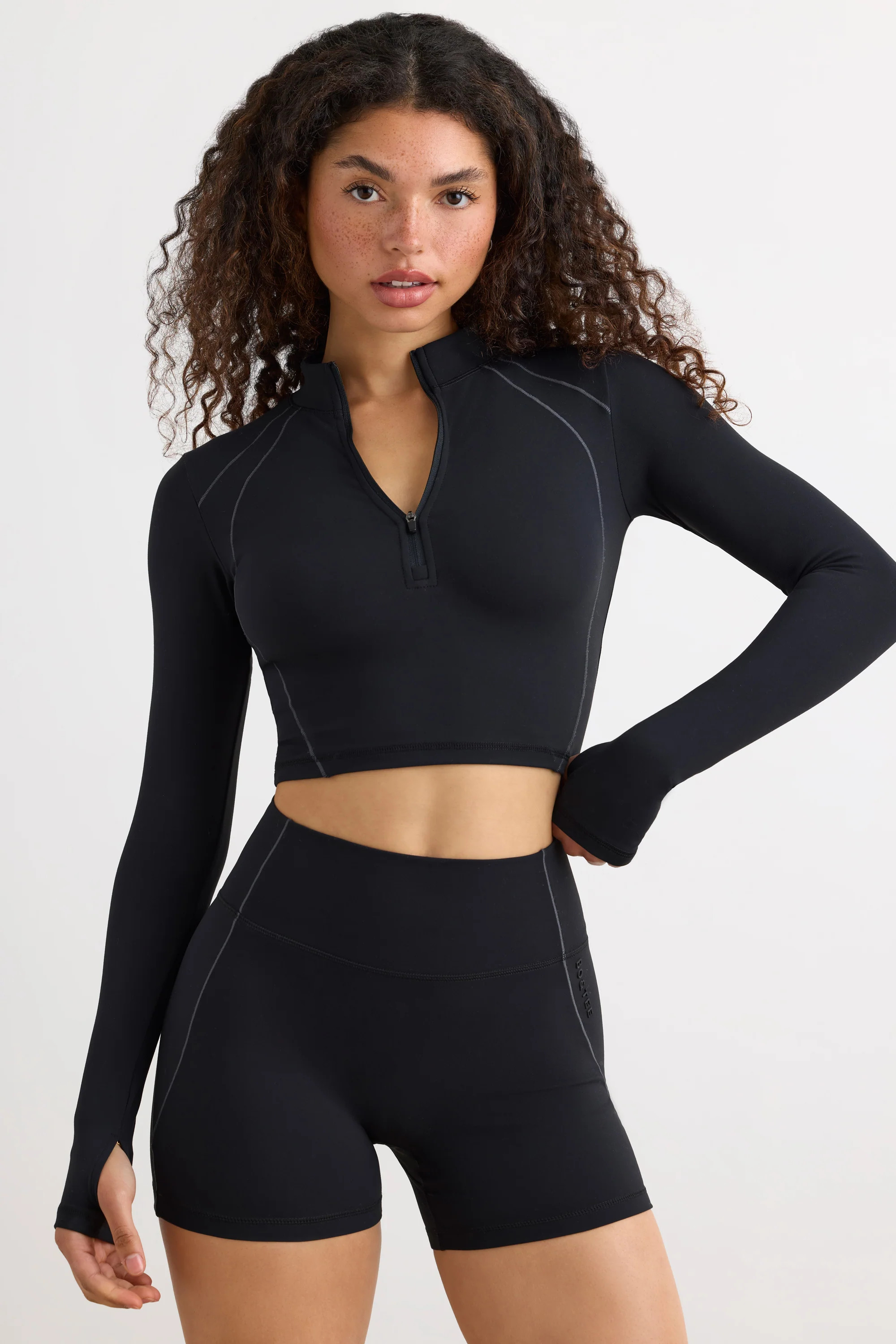 Process - Soft Active Half Zip Crop Top in Black | Bo+Tee