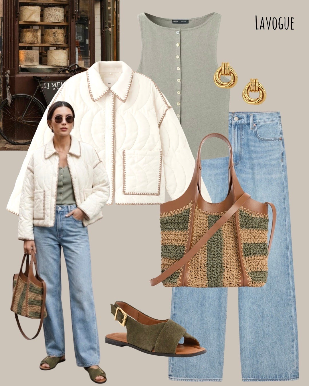 Easy layers for a timeless everyday look 🤍 Quilted cream jacket over a grey button-front top with light blue jeans, finished with a striped straw tote and suede sandals. 
Shop Below 👇🏼 
#LTKStyle #EffortlessStyle #NeutralOutfit #EverydayLook

#LTKootd #LTKSeasonal #LTKWorkwear