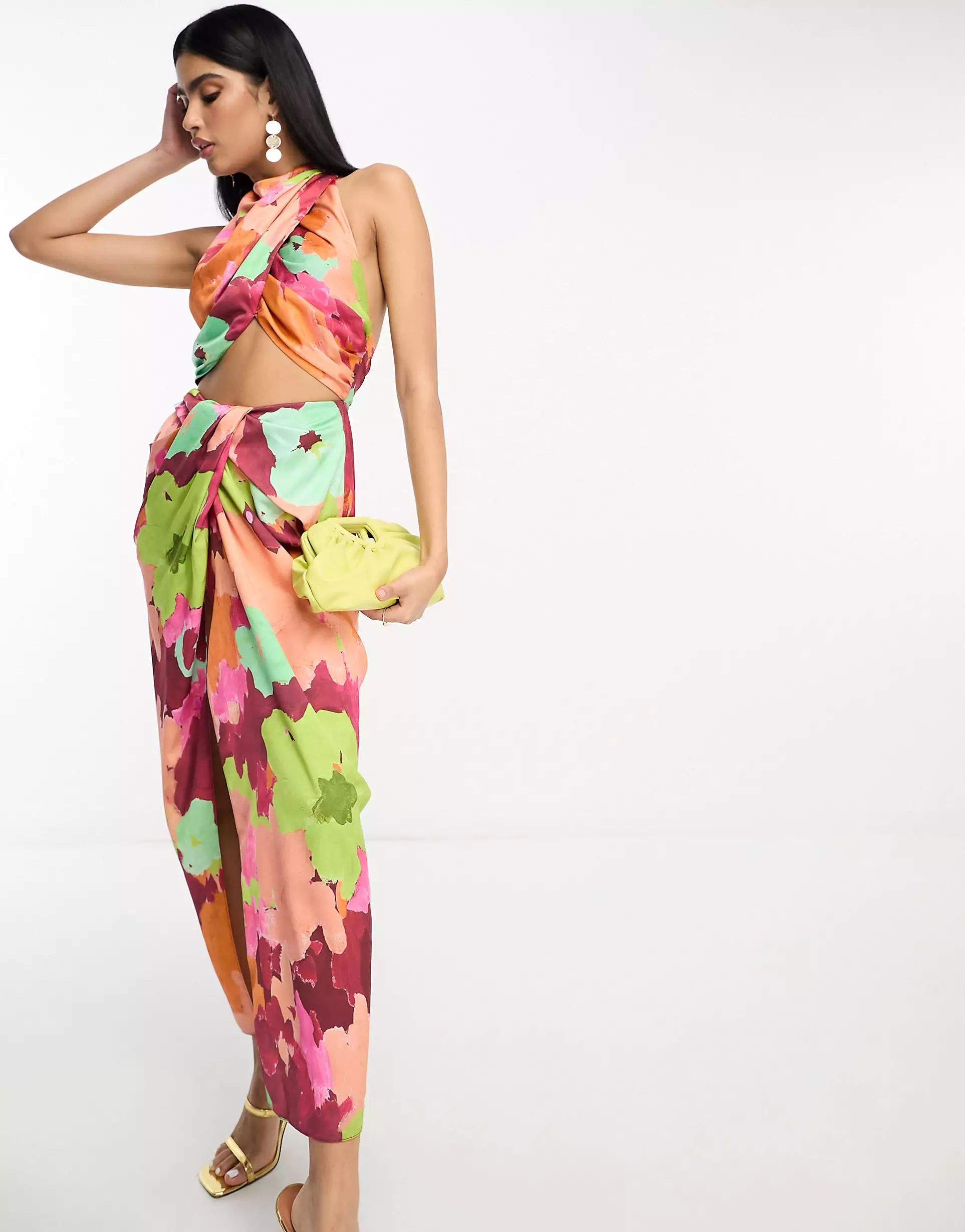 ASOS DESIGN halter twist front cut out maxi dress in large floral print | ASOS (Global)