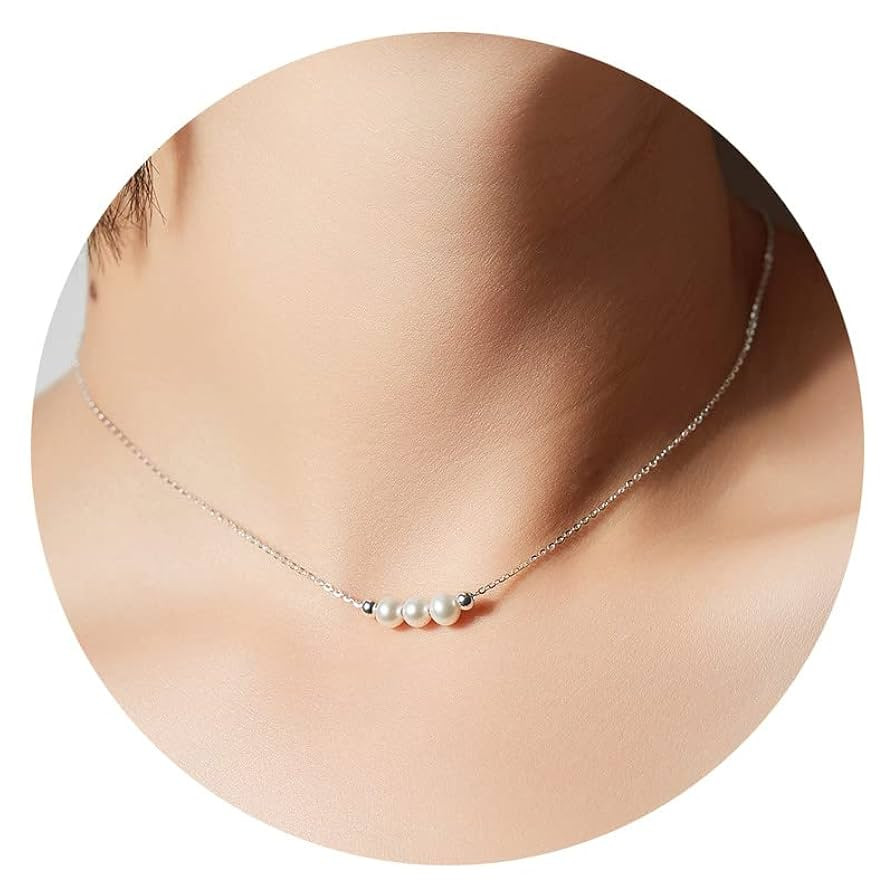 Dainty Real Pearl 925 Sterling Silver Choker Collar Necklace Handmade With 3 Real White Pearl Apr... | Amazon (US)