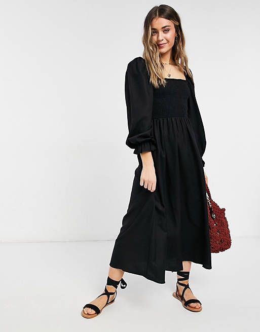 New Look textured shirred midi dress in black | ASOS (Global)