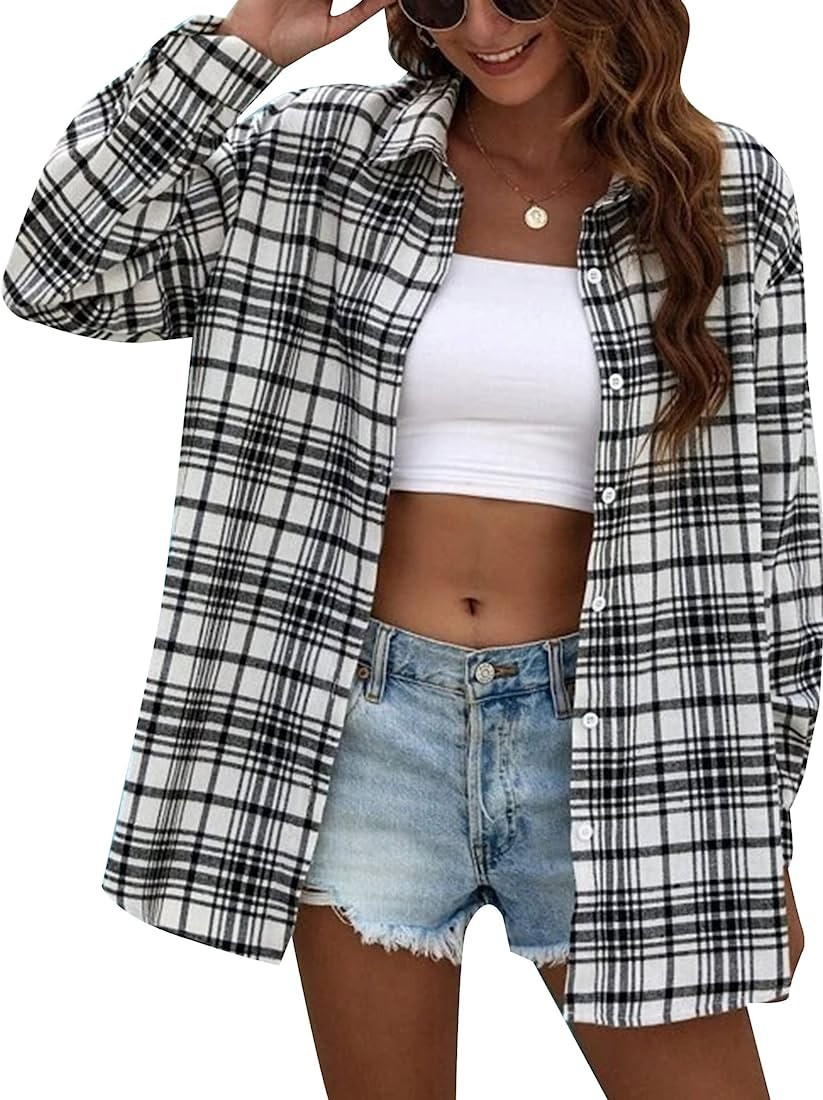 HangNiFang Womens Flannel Plaid Shirts Oversized Button Down Shirts Blouse Tops | Amazon (US)