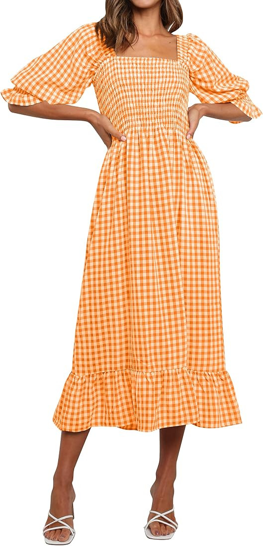 ZESICA Women's Summer Casual Plaid Square Neck Puff 3/4 Sleeve Backless Smocked Ruffle Swing Midi... | Amazon (US)