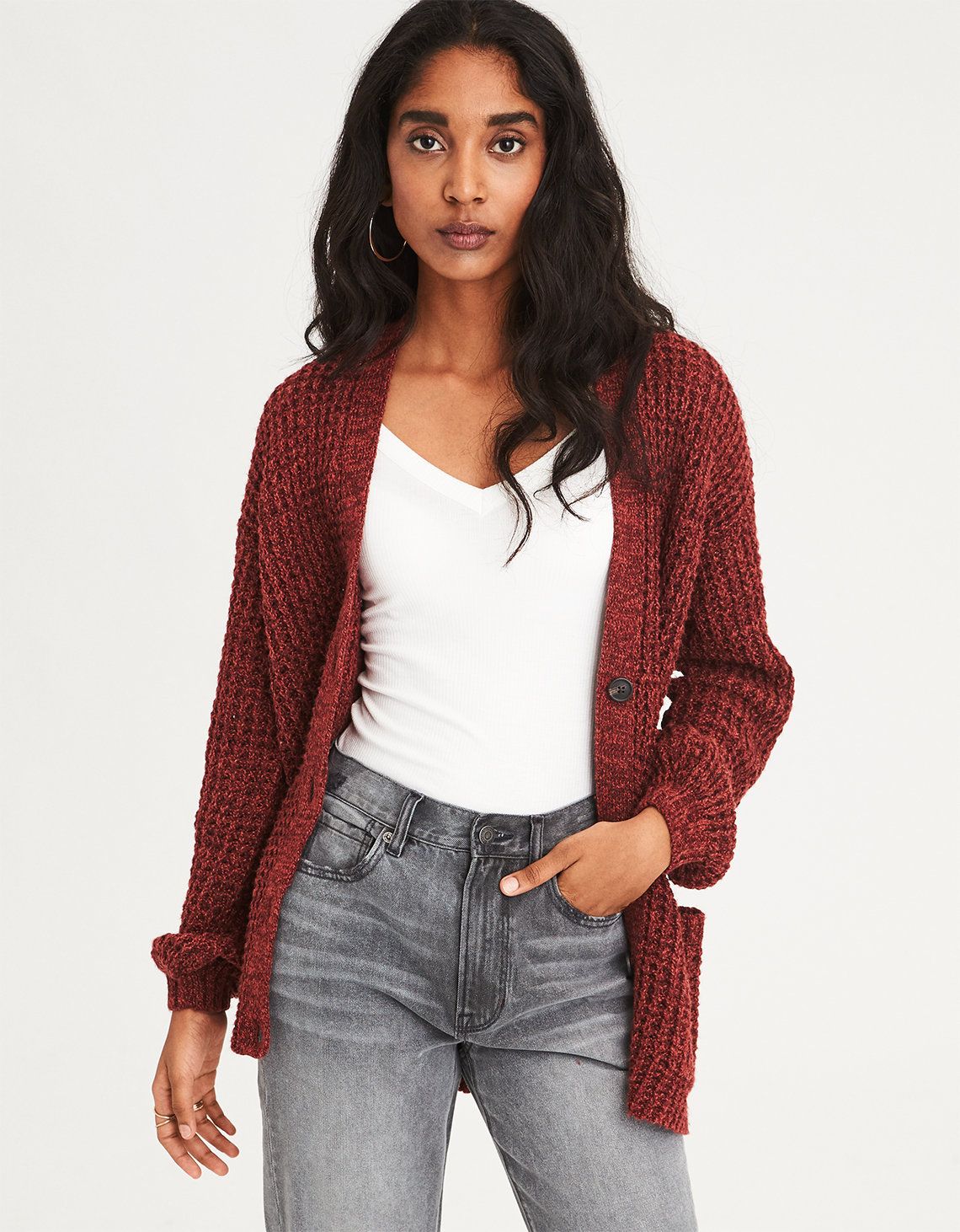 AE Slouchy Waffle Cardigan Sweater, Rust | American Eagle Outfitters (US & CA)