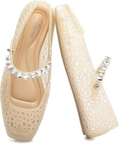 HEVA Women's Jelly Flat Sandals - Square Toe Breathable Mesh Flats - Sparkly Buckle Strap Casual ... | Amazon (US)