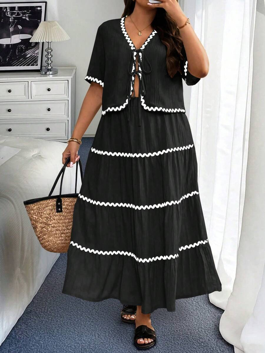 Franclia Plus Size Boho Leisure Contrast Trim Short Sleeve Top And Mini Skirt Two Piece Set, For ... | SHEIN