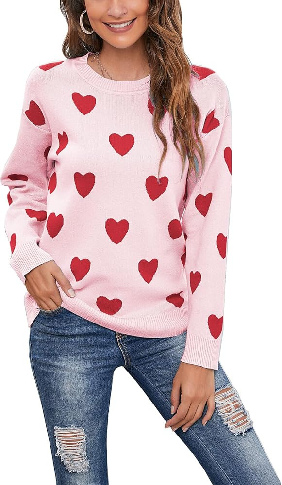 shermie Women's Cute Heart Knit Sweater Long Sleeve Crew Neck Loose Casual Pullover Sweaters | Amazon (US)