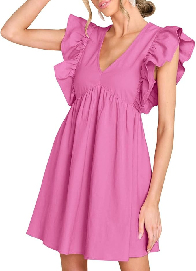 FANCYINN Women's Summer Casual Babydoll Mini Dress Ruffle Sleeveless Deep V Neck Pleated Swing Fl... | Amazon (US)