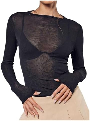 Women's Sheer Mesh Long Sleeve T Shirts Boat Neck Slim Fit Tee Tops Going Out See Through Shirts | Amazon (US)