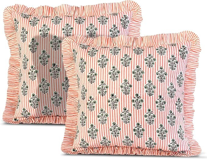 Ridhi Block Print Salmon Blossom Throw Pillow Cover 20" x 20" (Pack of 2) Decorative Cushion Cove... | Amazon (US)
