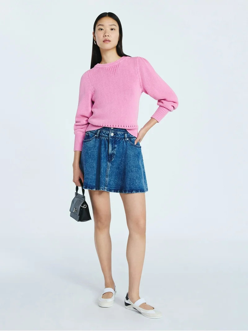 Scoop Women’s Acid Wash Cotton Sweater with Long Puff Sleeves, Midweight, Sizes XS-XXL | Walmart (US)