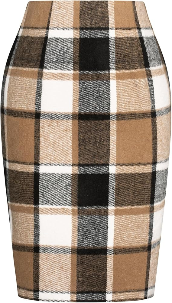 Kate Kasin Womens Wool Plaid Pencil Skirt High Waist Slit Stretchy Bodycon Fall Winter Knee Lengt... | Amazon (US)
