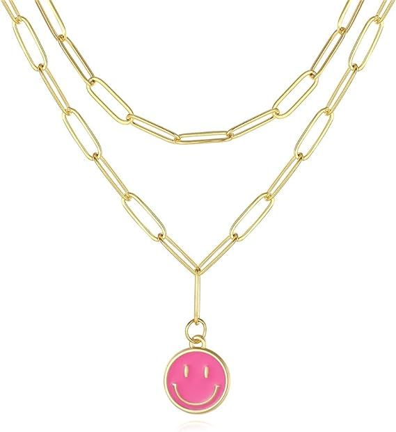 Smiley Face Necklaces,Gold Stainless Steel Paperclip Chain Simple Round Smile Necklace Preppy Jew... | Amazon (US)