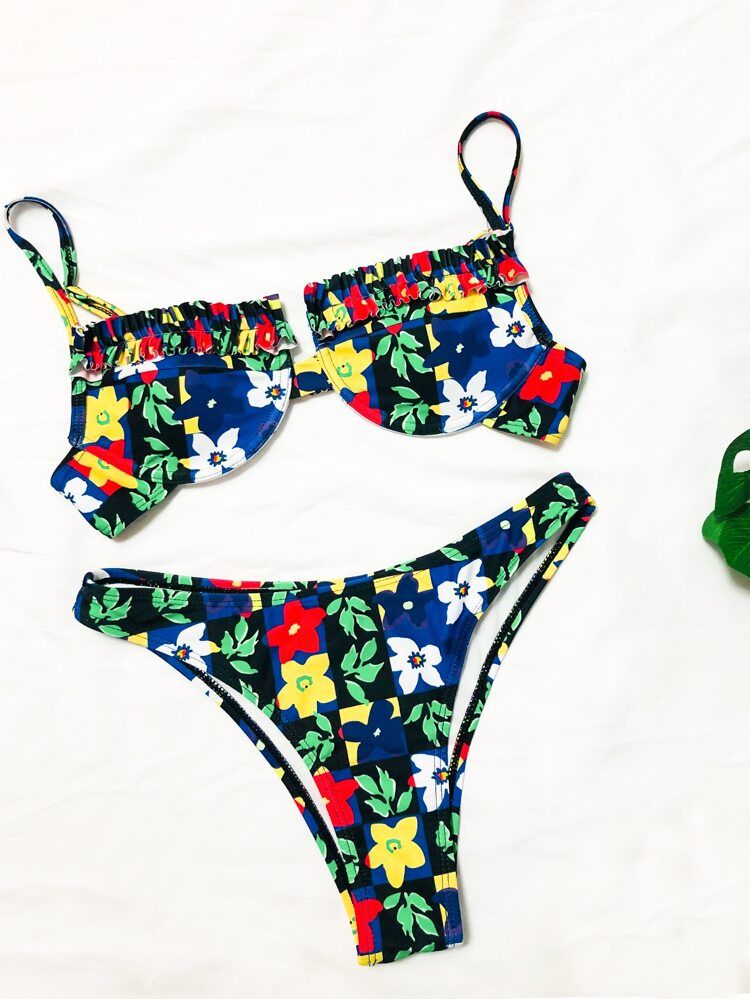 Bikinx Frill Trim Floral & Gingham Bikini Swimsuit | SHEIN