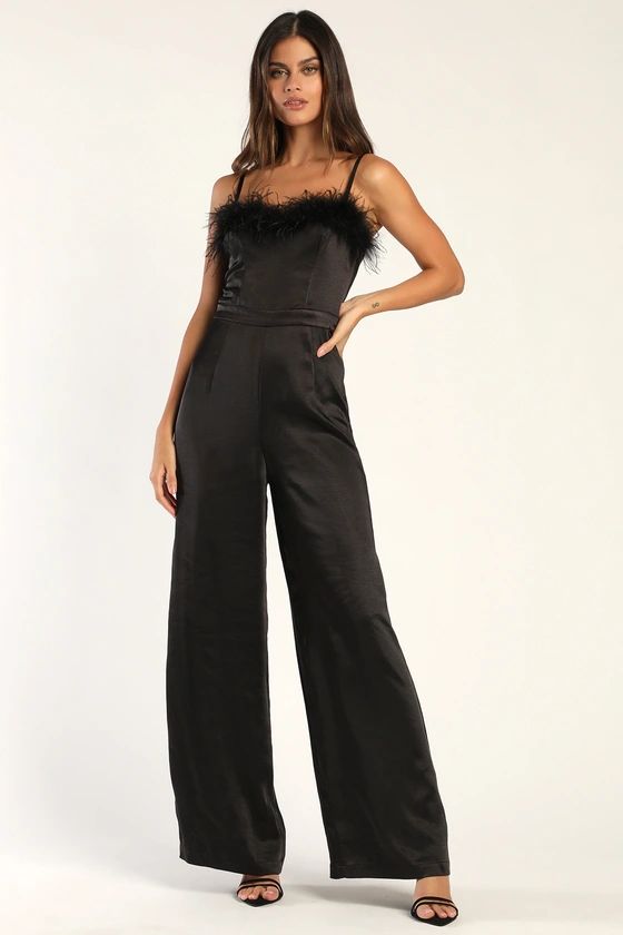 Feather Together Black Satin Feather Wide-Leg Jumpsuit | Lulus (US)