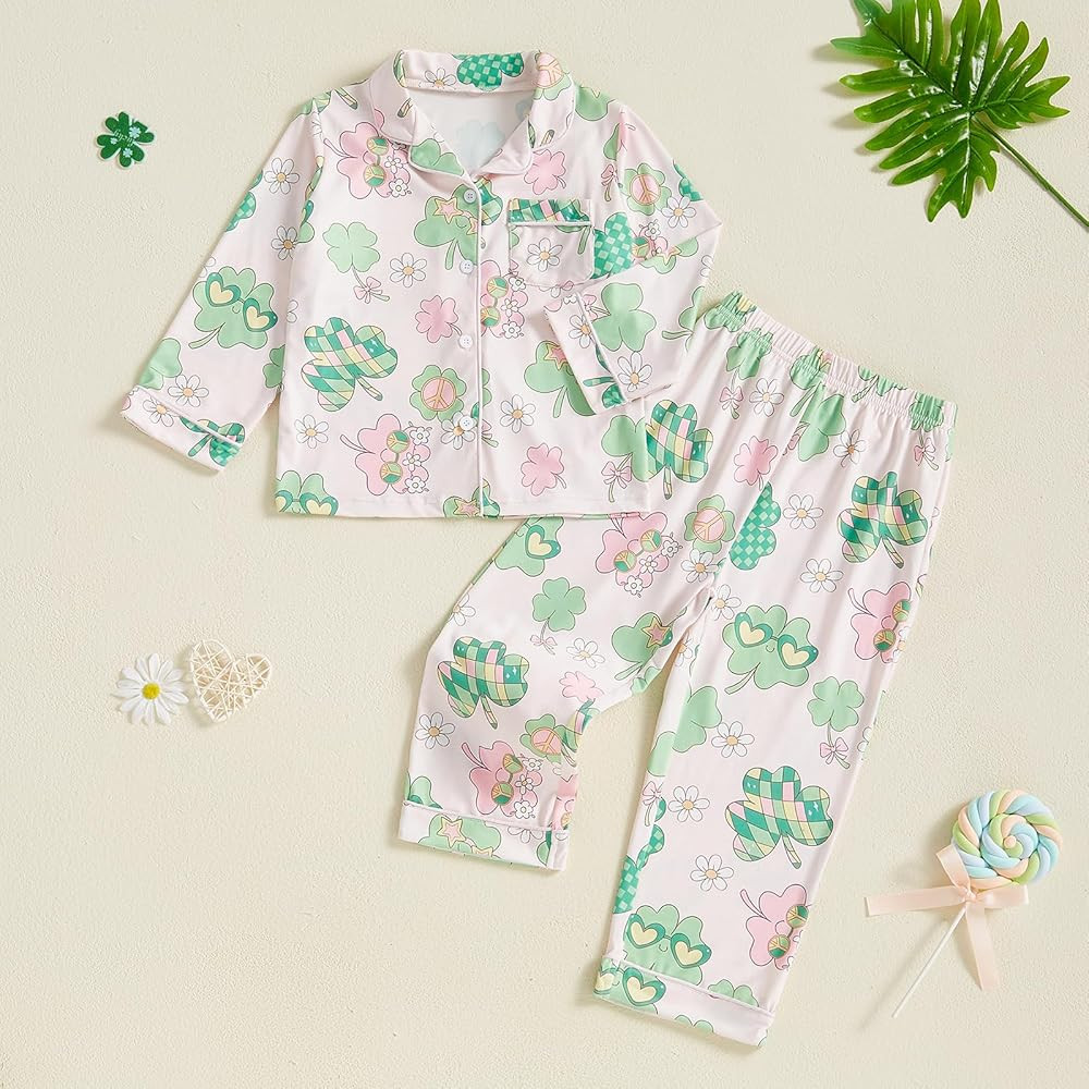 Toddler Boy Girl St Patricks Day Pajamas Set Cute Button Down Shamrock Print Shirt Long Pants Kid... | Amazon (US)
