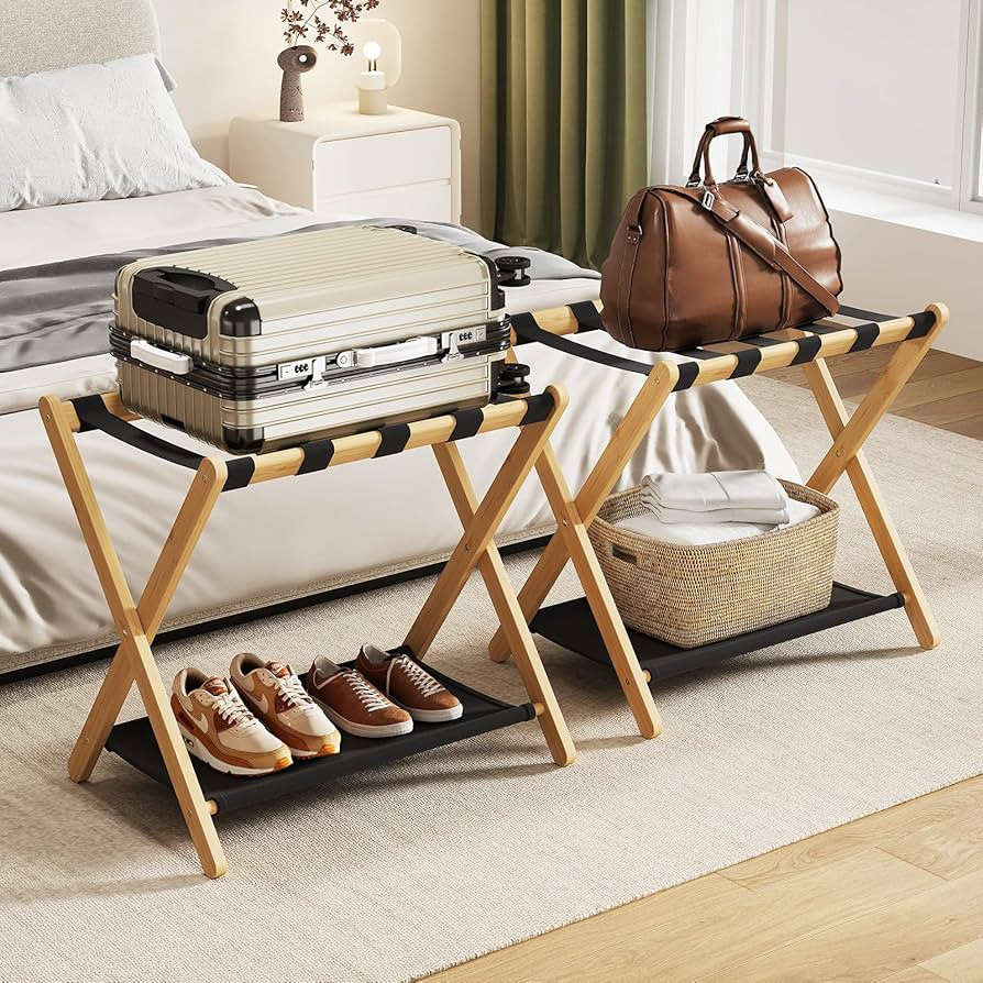 Fully Assembled Luggage Racks Pack of 2, Bamboo Natural Foldable Luggage Rack for Guest Room, Sui... | Amazon (US)
