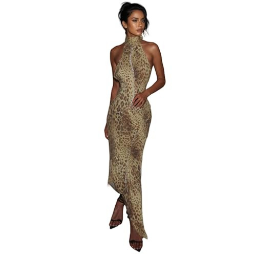 Women Halter Leopard Print Dress High Split Bodycon Long Summer Beach Cocktail Party Dresses | Amazon (US)