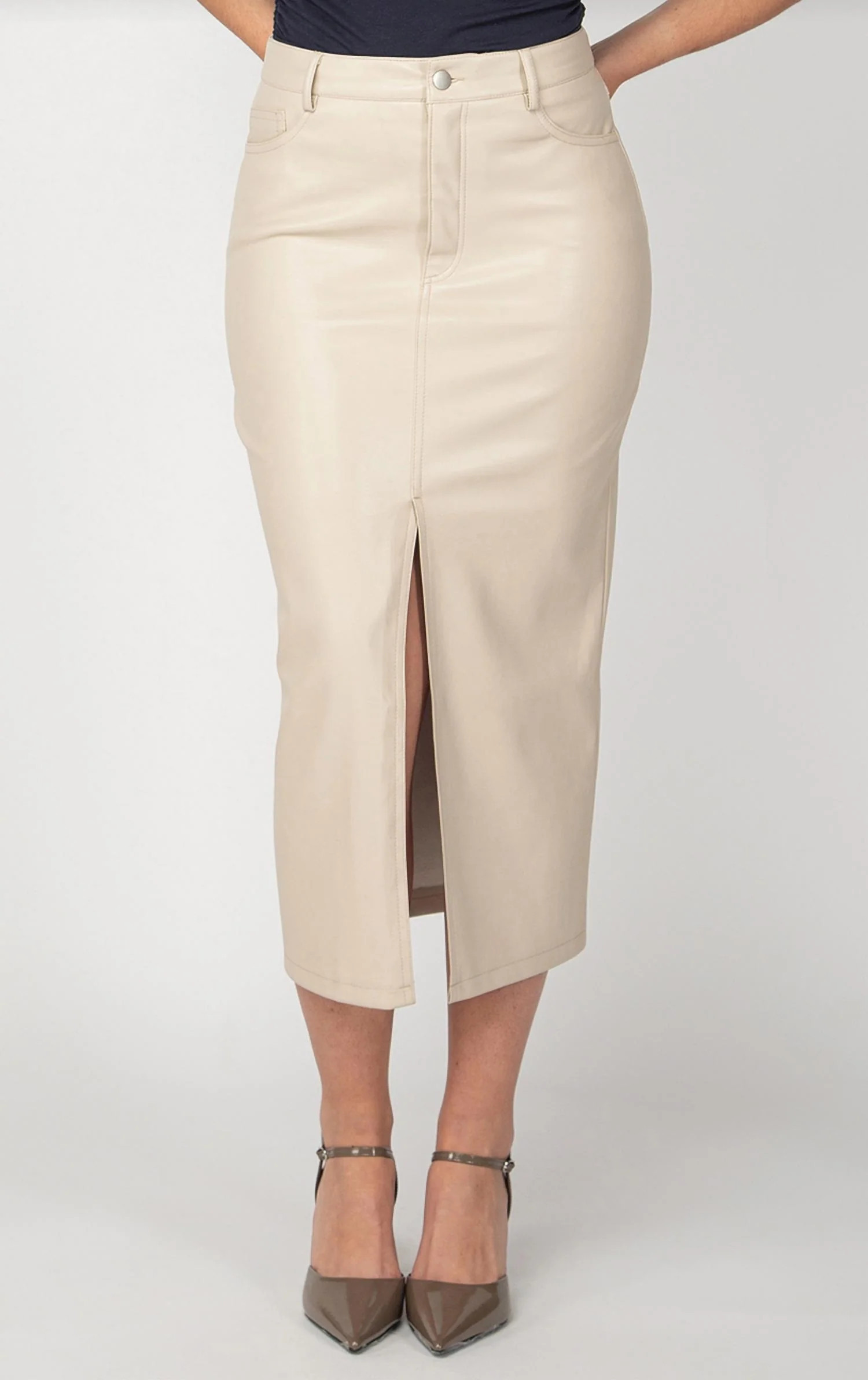 Faux Leather Midi Skirt In Cream Beige | Shop Simon