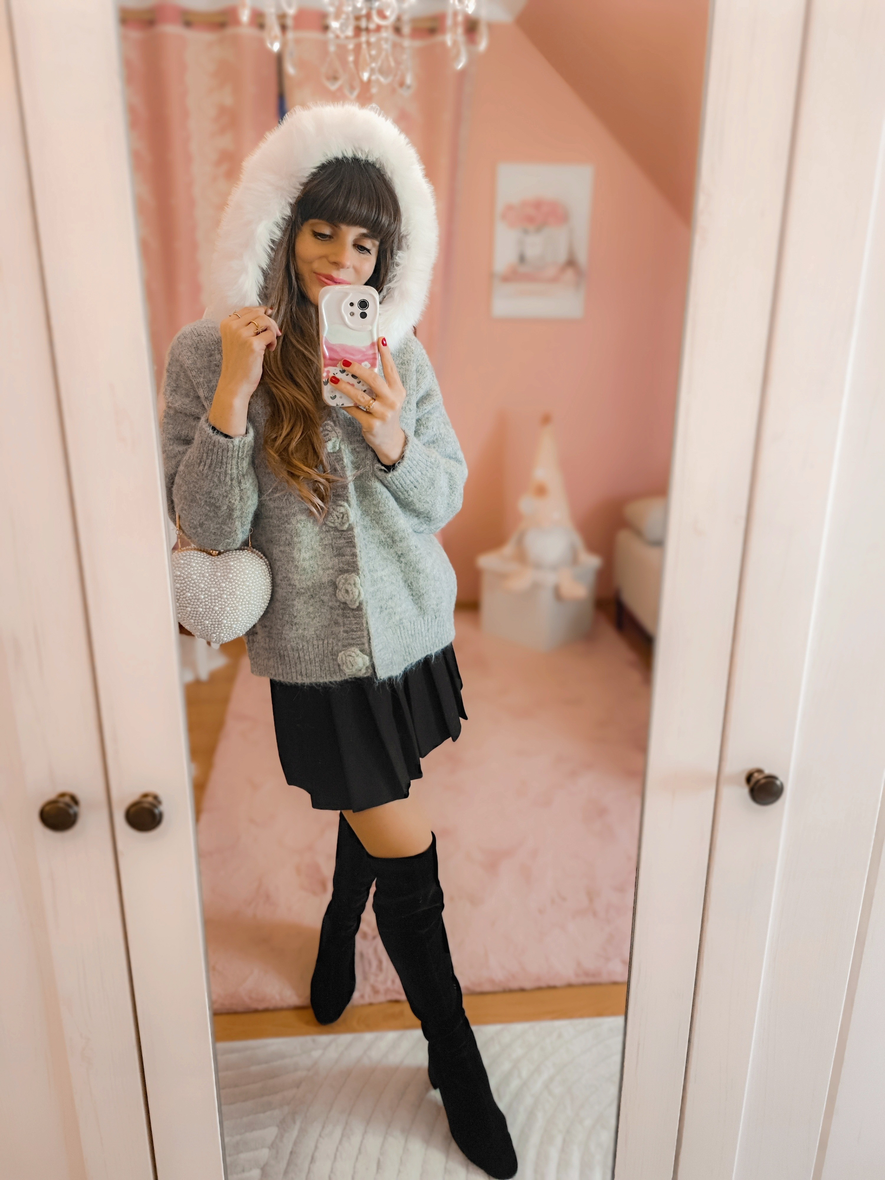 Grey stitch Rose button faux fur hooded cardigan (also available in cream)Black pleated mini skirtOver the knee bootsSuede bootsHeart pearl clutchWinter outfitsWinter layersCozy styleCozy outfitsCardigan styleChicwish outfits

#LTKSeasonal #LTKStyleTip #LTKFindsUnder100