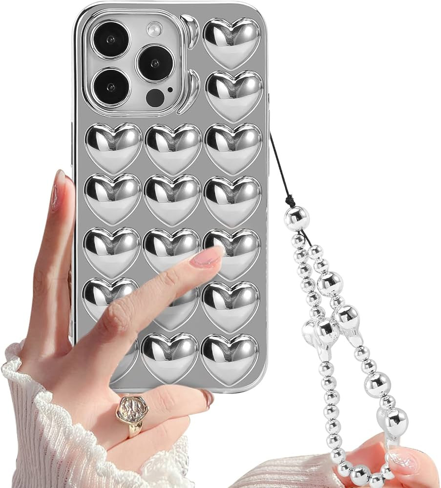 Yebowe Compatible with iPhone 14 Pro Max Case Heart with Phone Charm 3D Silver Cute Aesthetic Wom... | Amazon (US)