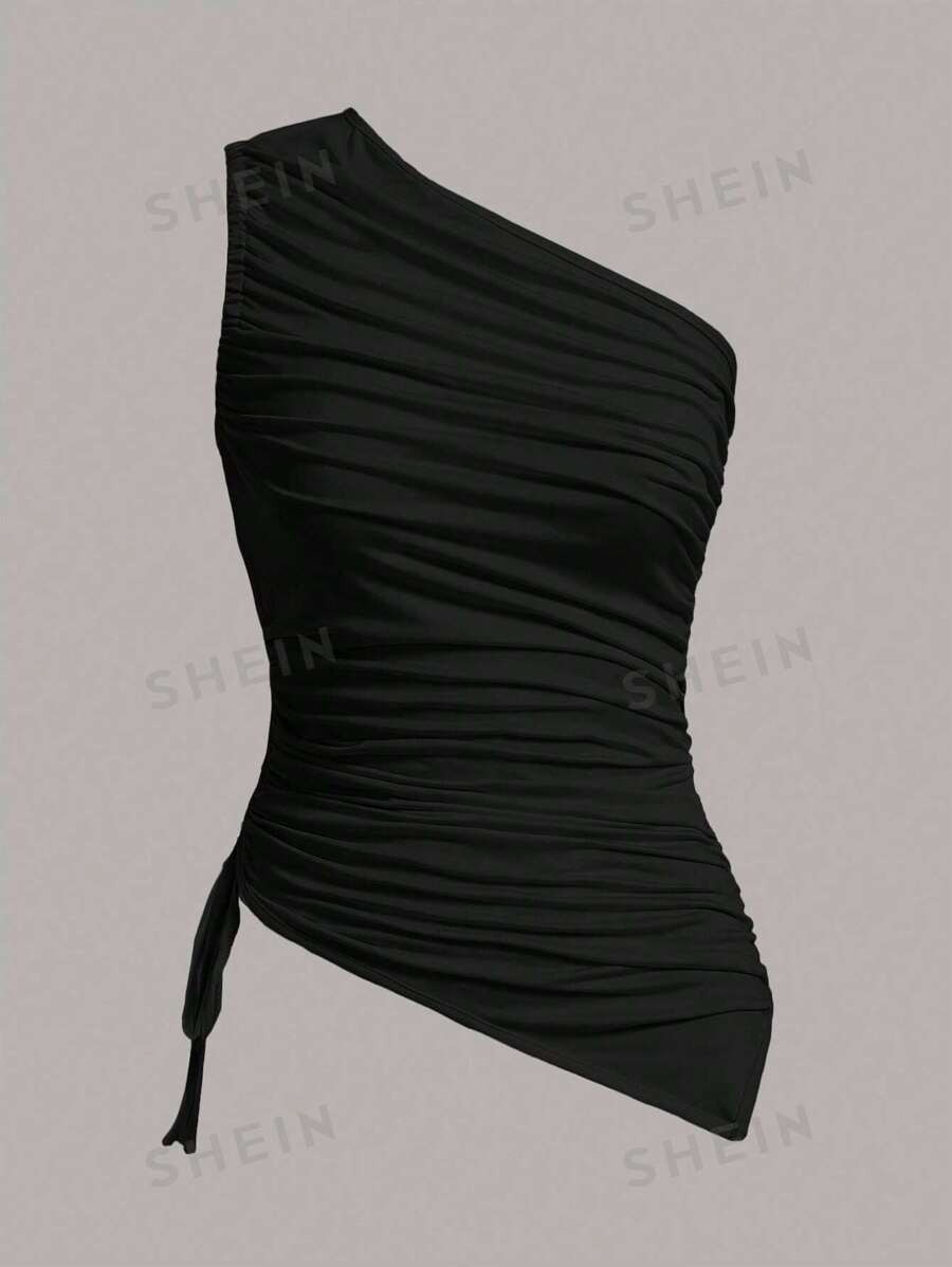 SHEIN MOD One Shoulder Drawstring Side Ruched Asymmetrical Hem Top | SHEIN