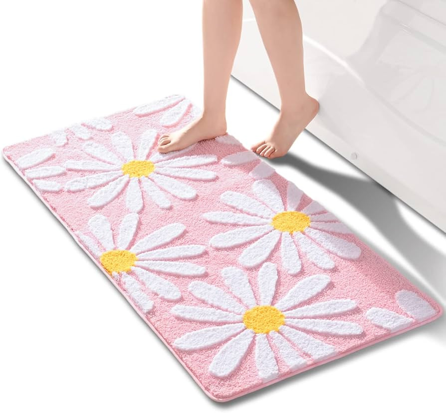 Pink Bathroom Rugs Cute Daisy Bath Mat White and Yellow Flower Decor Rug Non Slip Floor Carpet Mi... | Amazon (US)