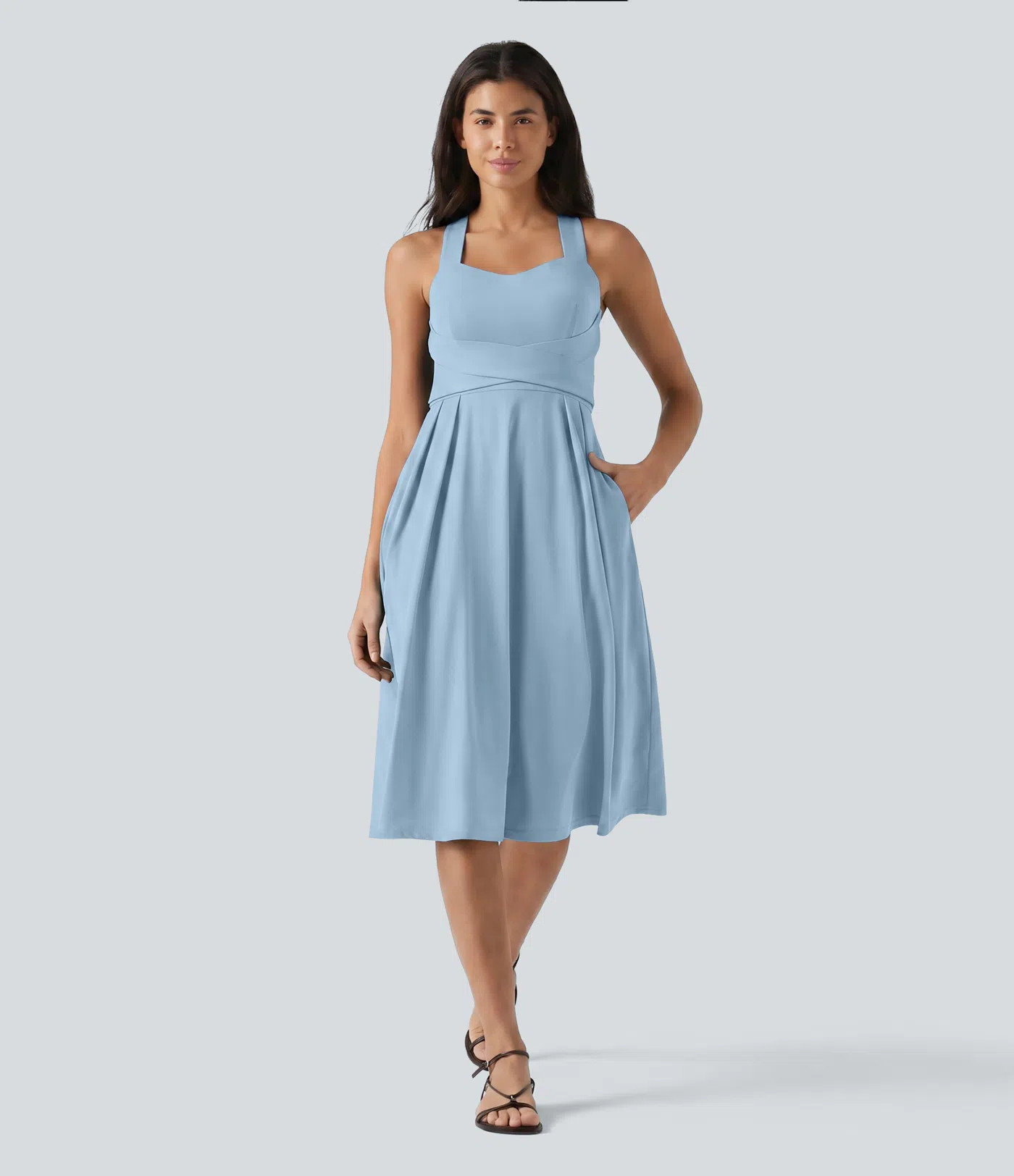 Women’s Sweetheart Neck Sleeveless Crisscross Tie-back Midi Casual Flowy Dress with Pockets - H... | HALARA