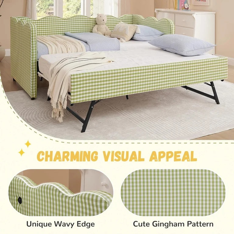 Twin Size Upholstery Daybed with Trundle and USB, Twin to King Design Adorable Wave Shaped Extend... | Walmart (US)