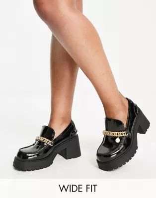 ASOS DESIGN Wide Fit Spicy chunky mid heel loafers with chain in black | ASOS | ASOS (Global)