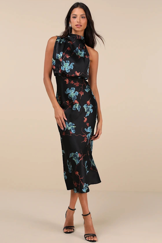 Distinctive Charm Black Floral Satin Asymmetrical Midi Dress | Lulus