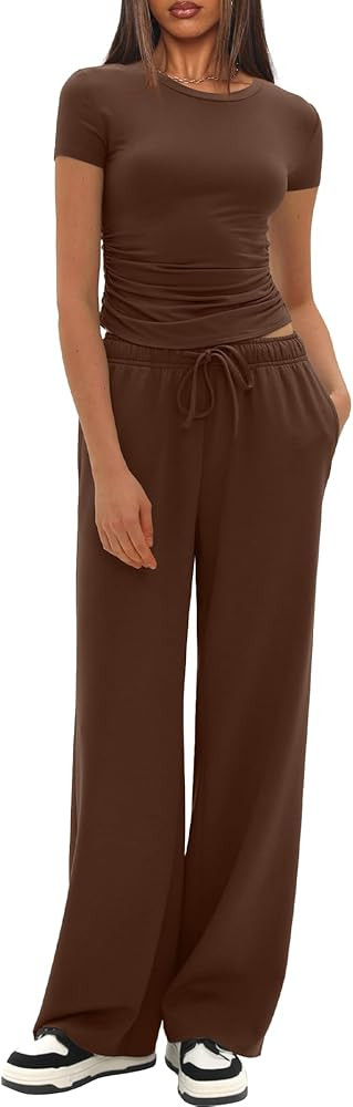 Darong Women's 2 Piece Outfits Casual Short Sleeve Pullover Tops and Wide Leg Pants Tracksuits Lo... | Amazon (US)